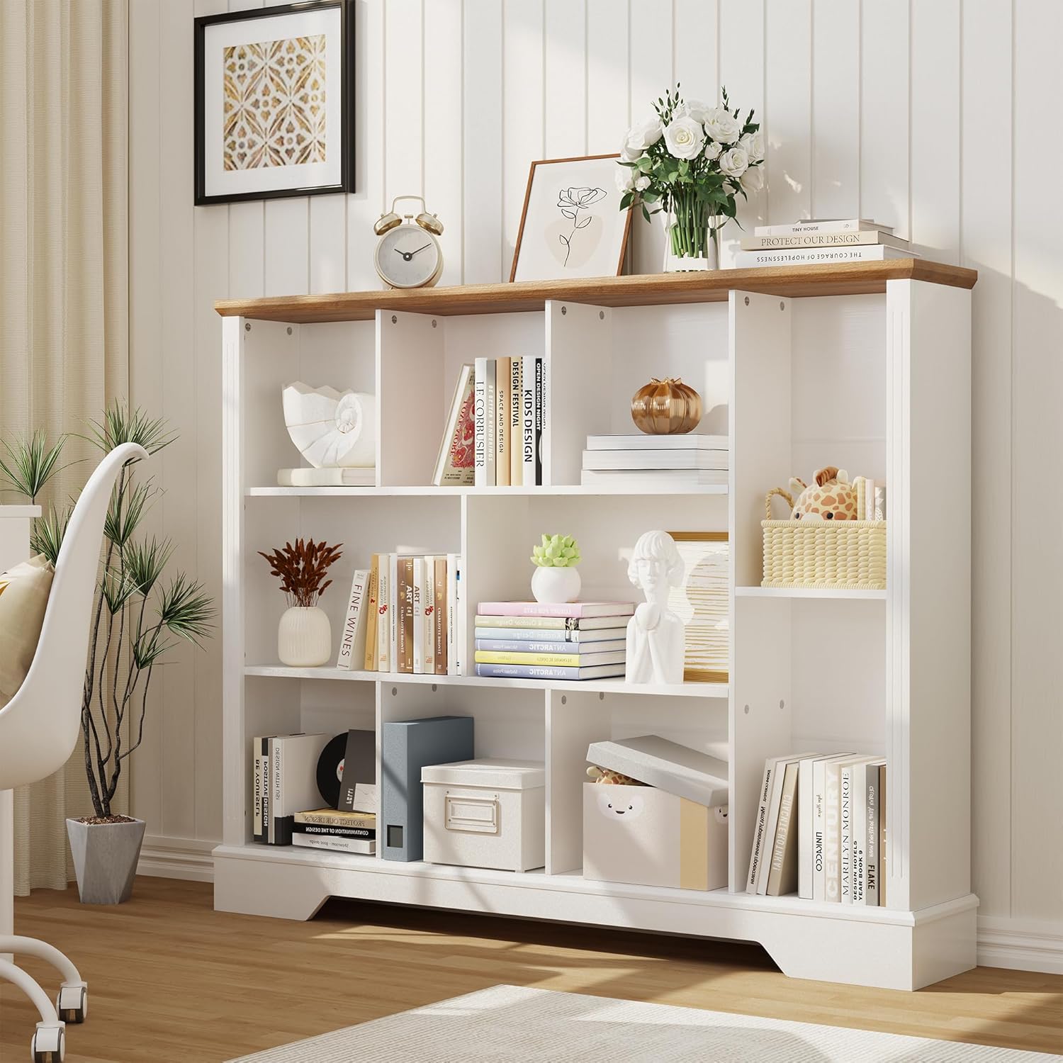 Vividwood 10-Cube Storage Organizer & TV Stand - Farmhouse Bookcase wi