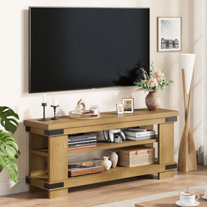 TV Stand for 55 Inch TV, 47" Rustic Wood TV Stands for Living Room with 3-Tier Open Storage, Small Entertainment Center Media Console with Rivet Decor