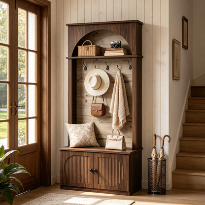 Hall Tree with Bench & Shoe Storage, 5-in-1 Coat Rack with Fluted Doors