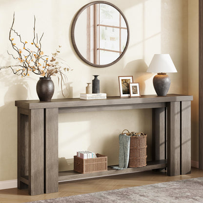70.9 Rustic Grey Farmhouse Console Sofa Table Behind Couch Entryway Wood | Thick 2-inch engineered wood tabletop with embossed texture