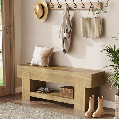 47" Long Entryway Bench, Wooden Entry Way Benches Indoor with Storage Shelf, Rustic Farmhouse End of Bed Bench for Bedroom, Narrow Shoe Rack Seat Skinny Bench for Dining Table, Mud Room, Hallway