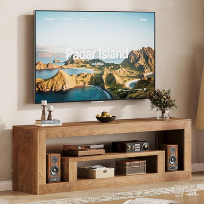 Wood TV Stand for 55 65 70 75 Inch TVs, 63" Farmhouse Entertainment Center for Living Room, Modern TV Console Table with Open Storage Shelves, Brown