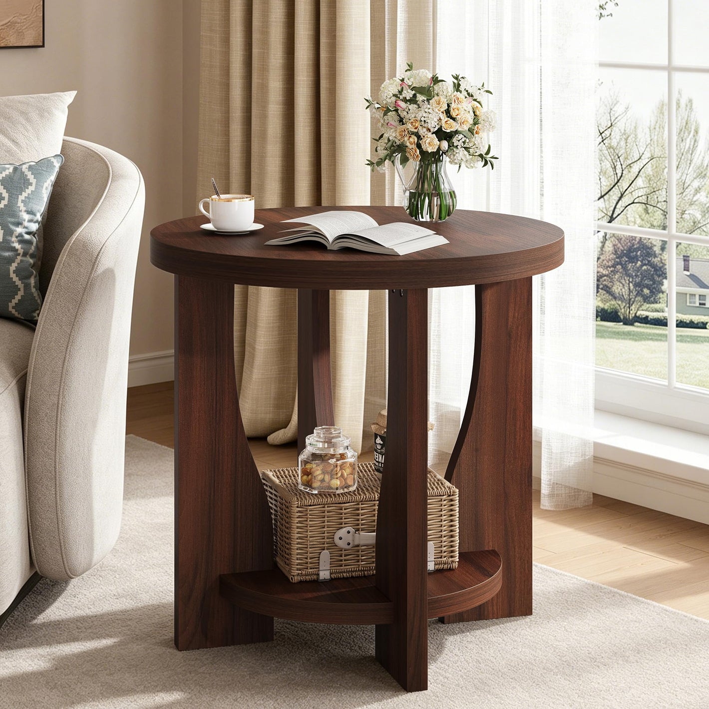 Round End Tables Living Room, 2-Tier Wood Side Table with Storage, Farmhouse Nightstand Bedside Table with Round Tabletop for Living Room Bedroom Small Space