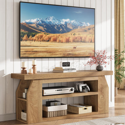 Modern Wood TV Stand for 55 Inch TV, Unique Geometric Entertainment Center with 3-Tier Open Storage & Adjustable Shelves, Small TV Console Table for Living Room Bedroom, Oak