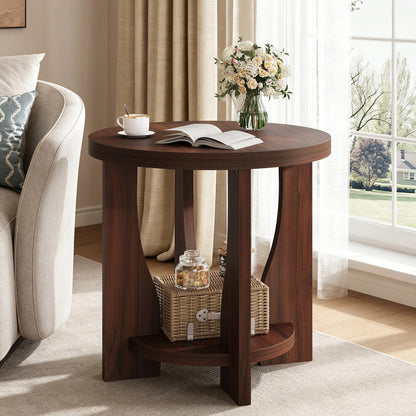 Round End Tables Living Room, 2-Tier Wood Side Table with Storage, Farmhouse Nightstand Bedside Table with Round Tabletop for Living Room Bedroom Small Space