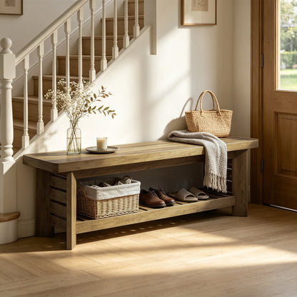 63" Entry Way Bench, Long Wood Entryway Benches for Dining Room Bedroom, Farmhouse Indoor Shoe Storage Bench Seat, Rustic Brown Rectangular Sitting Table for Hallway, Foyer, End of Bed, Kitchen