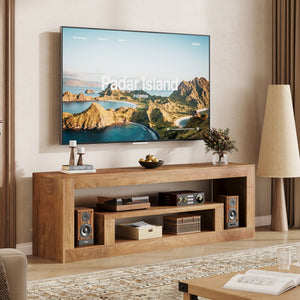 Wood TV Stand for 55 65 70 75 Inch TVs, 63" Farmhouse Entertainment Center for Living Room, Modern TV Console Table with Open Storage Shelves, Brown
