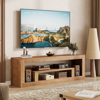 Wood TV Stand for 55 65 70 75 Inch TVs, 63" Farmhouse Entertainment Center for Living Room, Modern TV Console Table with Open Storage Shelves, Brown
