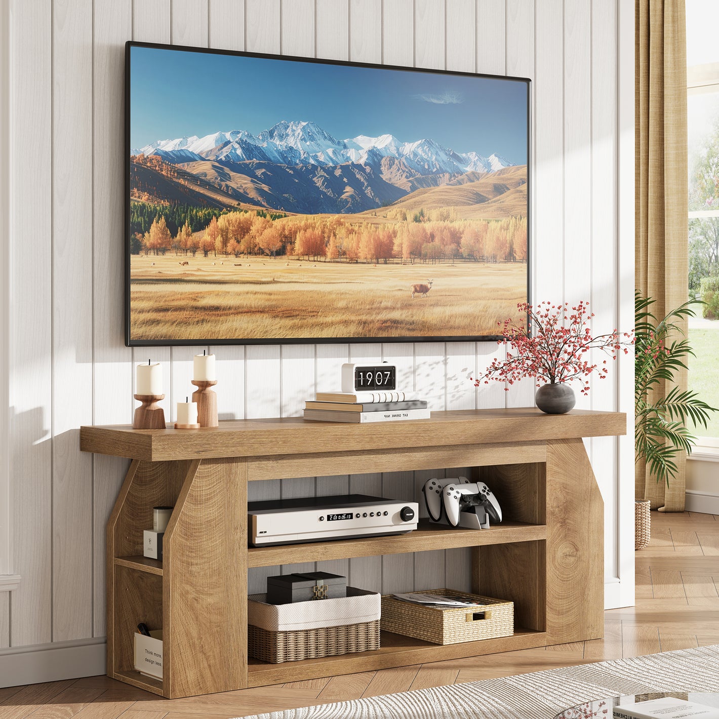 Modern Wood TV Stand for 55 Inch TV, Unique Geometric Entertainment Center with 3-Tier Open Storage & Adjustable Shelves, Small TV Console Table for Living Room Bedroom, Oak