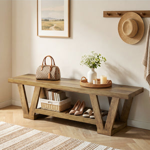 63" Wood Entryway Bench with Shoe Storage, Long 3-Tier Entry Way Foyer Bench Seat Indoor with Boots Shelf, Rustic Farmhouse End of Bed Stool w/ Triangular Leg for Bedroom, Dining, Living Room, Hallway
