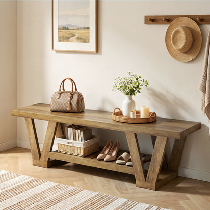 63" Wood Entryway Bench with Shoe Storage, Long 3-Tier Entry Way Foyer Bench Seat Indoor with Boots Shelf, Rustic Farmhouse End of Bed Stool w/ Triangular Leg for Bedroom, Dining, Living Room, Hallway