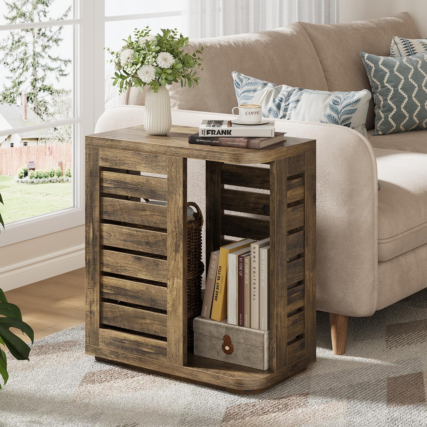 Narrow Side Table, 2-Tier Wood End Table with Storage, Mid Century Modern Nightstand Bedside Table for Living Room, Bedroom, Easy Assembly