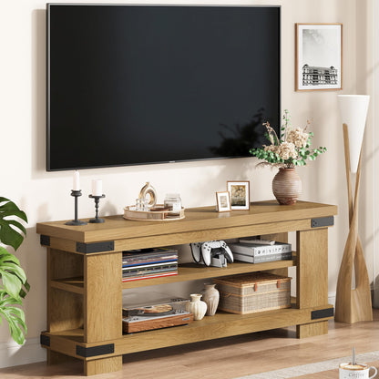 TV Stand for 55 Inch TV, 47" Rustic Wood TV Stands for Living Room with 3-Tier Open Storage, Small Entertainment Center Media Console with Rivet Decor