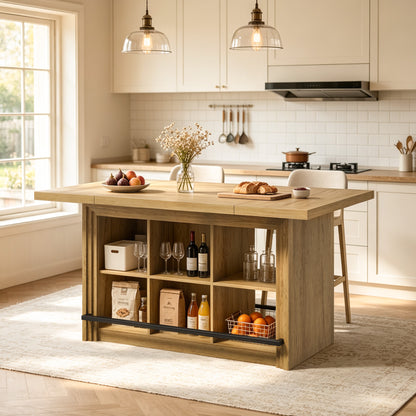 Viviwood 62.6" Kitchen Island with Storage, Farmhous Island Bar, Oak