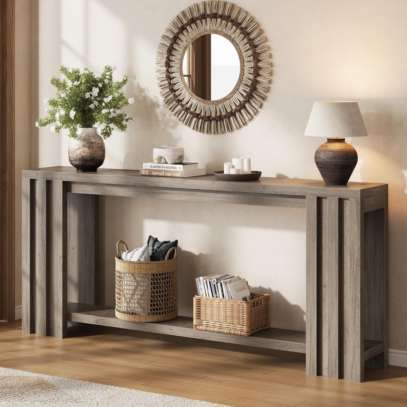 70.9 Rustic Grey Slim Farmhouse Console Sofa Table Behind Couch Entryway | 1.6-inch thick tabletop with embossed wood-grain texture