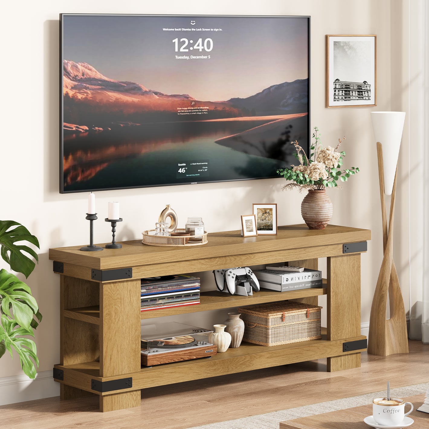 TV Stand for 55 Inch TV, 47" Rustic Wood TV Stands for Living Room with 3-Tier Open Storage, Small Entertainment Center Media Console with Rivet Decor