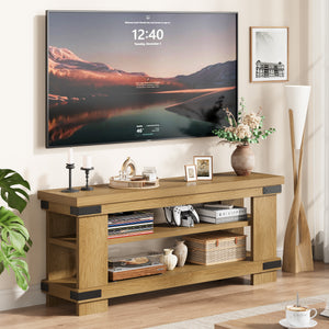 TV Stand for 55 Inch TV, 47" Rustic Wood TV Stands for Living Room with 3-Tier Open Storage, Small Entertainment Center Media Console with Rivet Decor