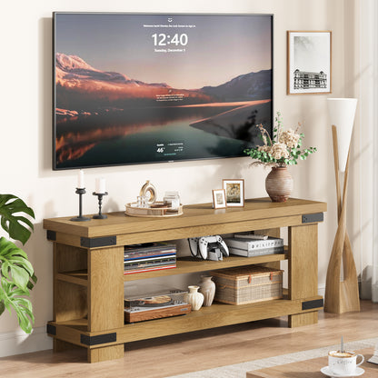 TV Stand for 55 Inch TV, 47" Rustic Wood TV Stands for Living Room with 3-Tier Open Storage, Small Entertainment Center Media Console with Rivet Decor
