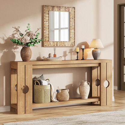Console Table 70.9 Farmhouse Sofa Table Behind Couch Entryway Natural Wood | 2-tier open shelf design for display and storage