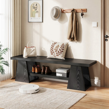 63'' Long Entryway Bench, Black Rustic Farmhouse Wooden Entry Way Bench Seat Indoor with Shoe Storage Shelf, 3-Tier Hallway Bench with Triangle Legs for End of Bed, Dining, Living Room Bedroom, Foyer