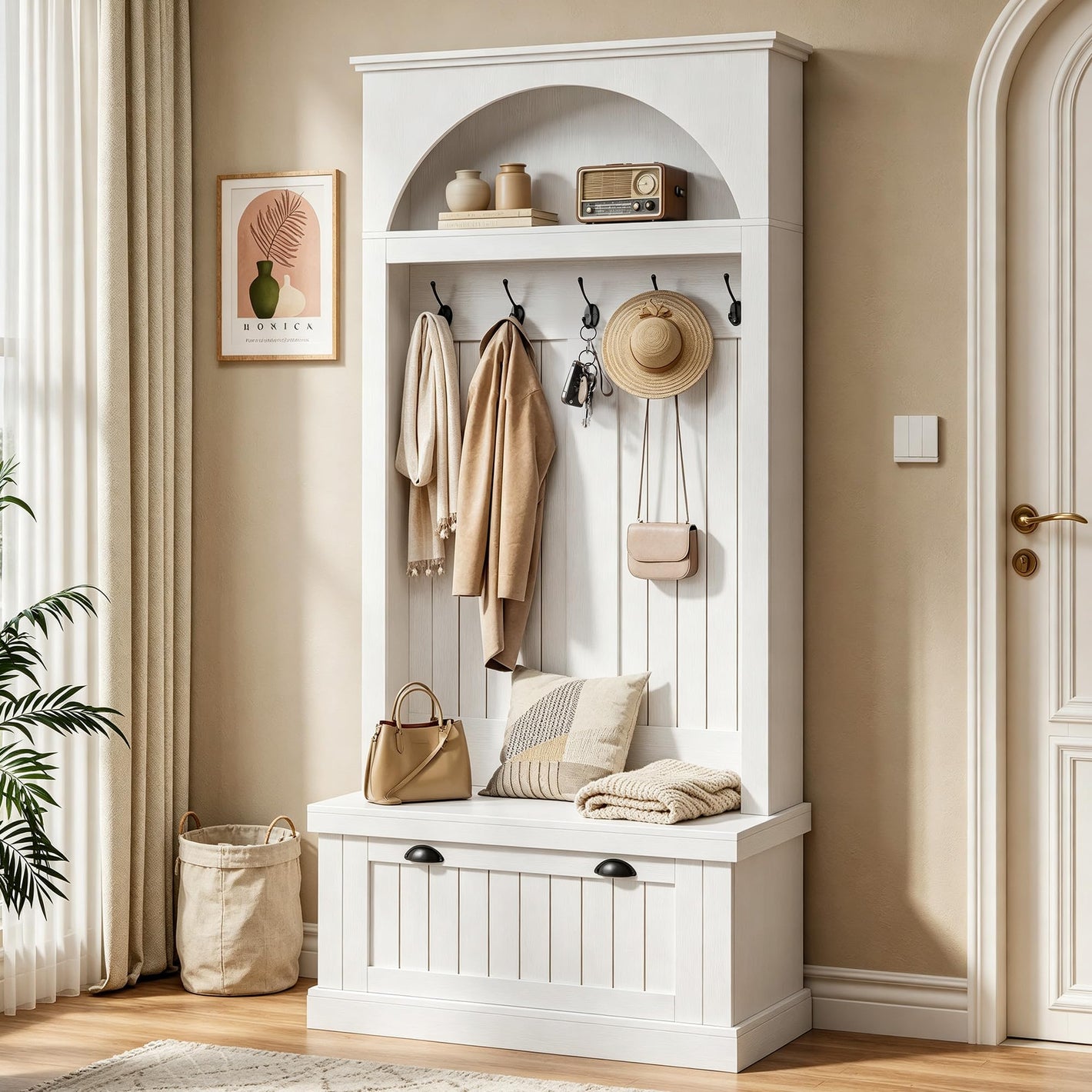 Hall Tree with Bench and Shoe Storage, Farmhouse Entryway Coat Rack with Arched Top Shelf, 5 Hooks, Flip-Down Shoe Cabinet, Beadboard Paneling, Anti-Tip Device, White, 32.7" x 15.8" x 76.8"