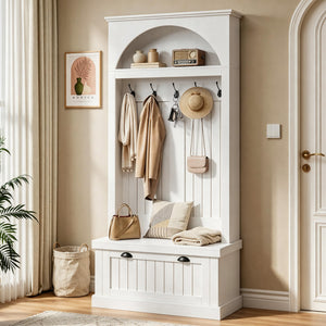 Hall Tree with Bench and Shoe Storage, Farmhouse Entryway Coat Rack with Arched Top Shelf, 5 Hooks, Flip-Down Shoe Cabinet, Beadboard Paneling, Anti-Tip Device, White, 32.7" x 15.8" x 76.8"