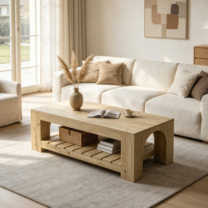 2-Tier Rectangle Coffee Table for Living Room, 47.3" Modern Center Table with Arched Design, Accent Tea Cocktail Table with Storage (Wood)