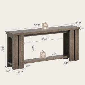 70.9 Rustic Grey Farmhouse Console Sofa Table Behind Couch Entryway Wood | Thick 2-inch engineered wood tabletop with embossed texture