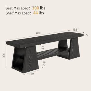 63'' Long Entryway Bench, Black Rustic Farmhouse Wooden Entry Way Bench Seat Indoor with Shoe Storage Shelf, 3-Tier Hallway Bench with Triangle Legs for End of Bed, Dining, Living Room Bedroom, Foyer