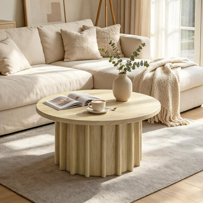 31.5" Circle Coffee Table for Living Room, Mid Century Modern Coffee Table Center Table with Fluted Base, Light Wood Living Room Furniture for Apartment, Small Space, Round (Light Wood)