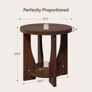 Round End Tables Living Room, 2-Tier Wood Side Table with Storage, Farmhouse Nightstand Bedside Table with Round Tabletop for Living Room Bedroom Small Space