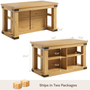 Viviwood 55" Kitchen Island with Storage & Seating, Oak | Farmhouse Wood Stationary Island Table, 4 Open Storage Cubbies, Large Countertop, for Dining Room, Home Bar