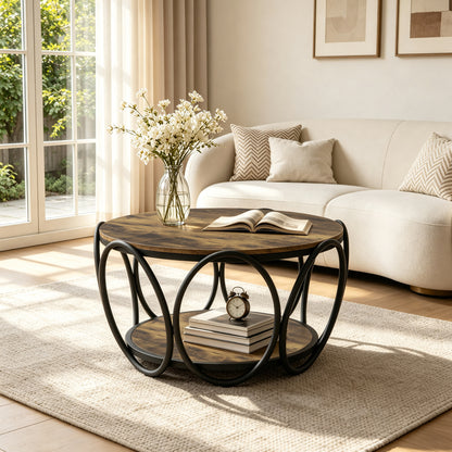 31.5" Circle Coffee Table for Living Room, Mid Century Modern Coffee Table Center Table with Fluted Base, Light Wood Living Room Furniture for Apartment, Small Space, Round (Light Wood-1)