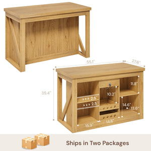 Viviwood Kitchen Island with Storage, Home Bar Island with Wine Rack, Oak | 55" Farmhouse Stationary Island Table with Seating, Adjustable Shelves, Drawer, for Dining Room