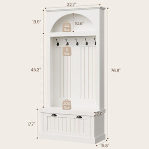 Hall Tree with Bench and Shoe Storage, Farmhouse Entryway Coat Rack with Arched Top Shelf, 5 Hooks, Flip-Down Shoe Cabinet, Beadboard Paneling, Anti-Tip Device, White, 32.7" x 15.8" x 76.8"