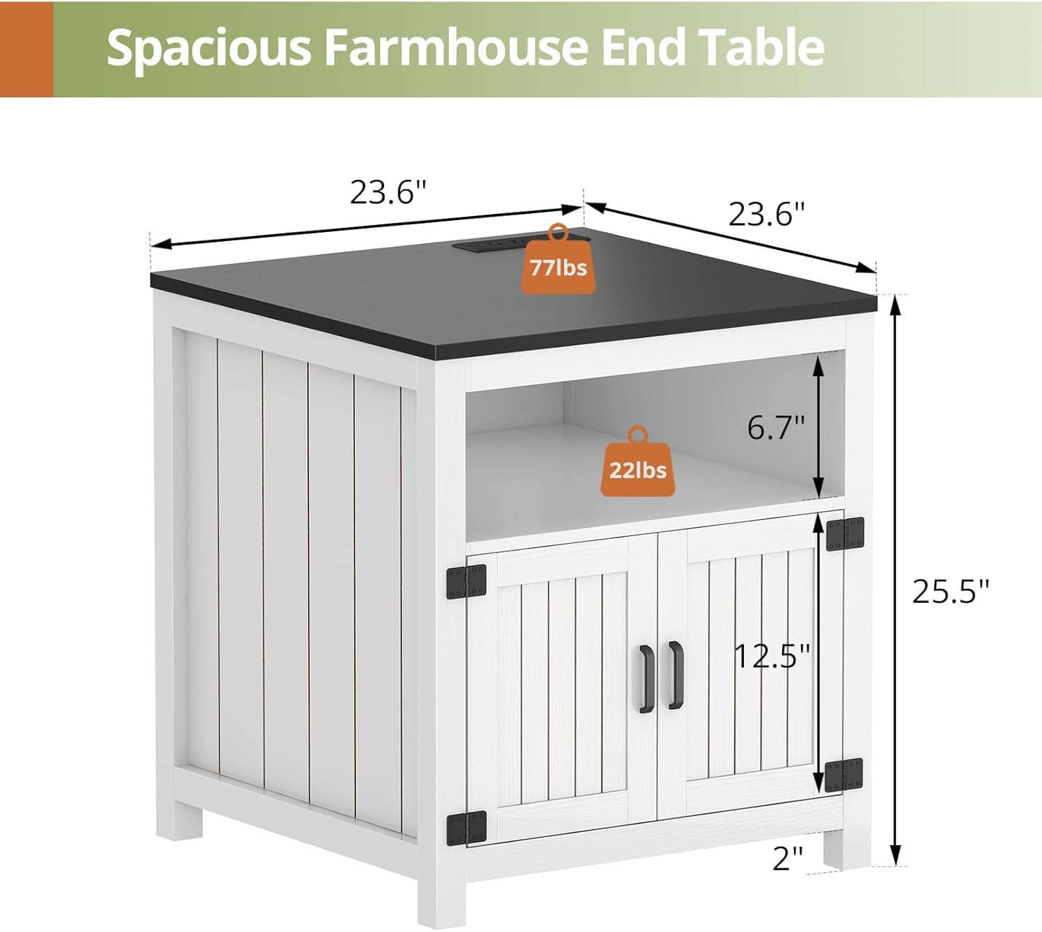 Vividwood 23.6" Farmhouse End Table - Barn Door Design with Charging Station