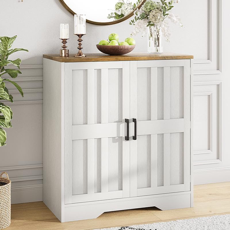 Vividwood Modern Farmhouse Sideboard - 2-Door Storage Cabinet with Adjustable Shelves（White Brown）