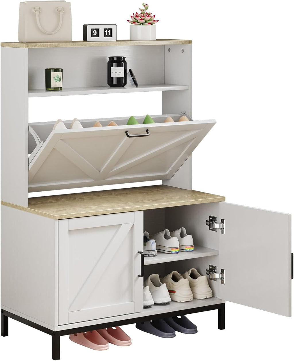 Vividwood Farmhouse Shoe Cabinet‌ - Flip Drawer & Doors Organizer (White)