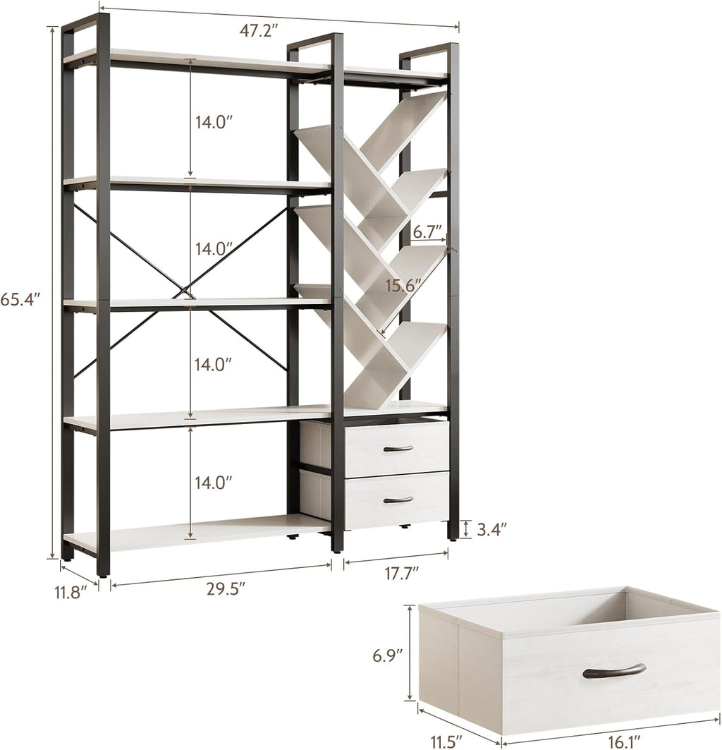 Vividwood 5-Tier Industrial Bookshelf - Tree Display with Fabric Drawers (White)