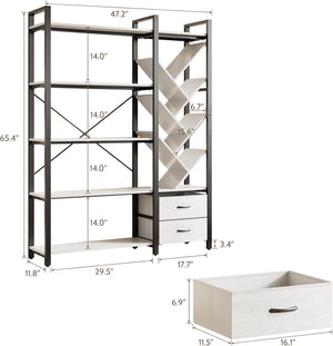 Vividwood 5-Tier Industrial Bookshelf - Tree Display with Fabric Drawers (White)