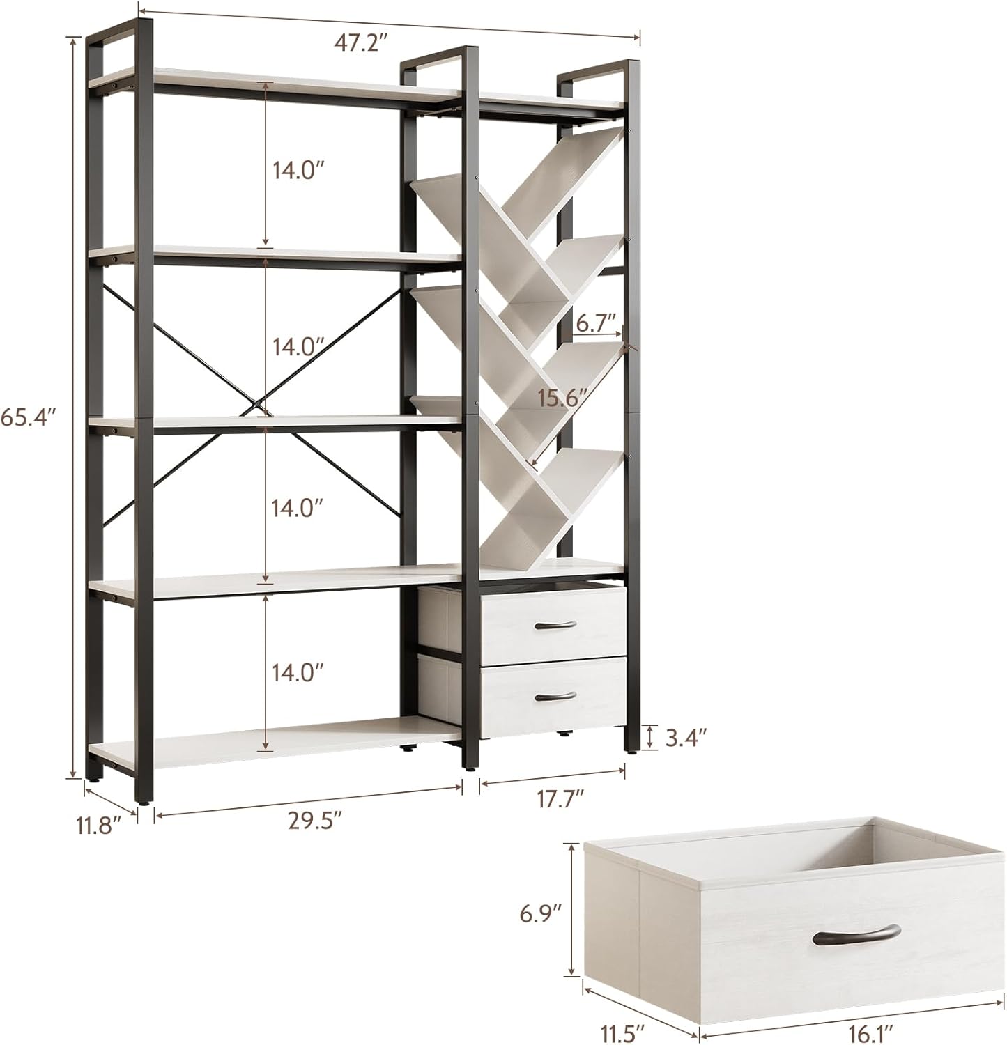 Vividwood 5-Tier Industrial Bookshelf - Tree Display with Fabric Drawers (White)