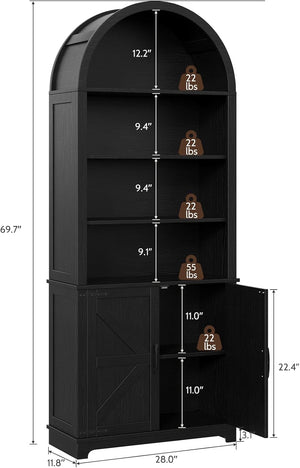 Vividwood 6-Tier Farmhouse Arched Bookshelf with Doors, 70" Tall Open Display Storage Cabinet for Living Room & Office, Black