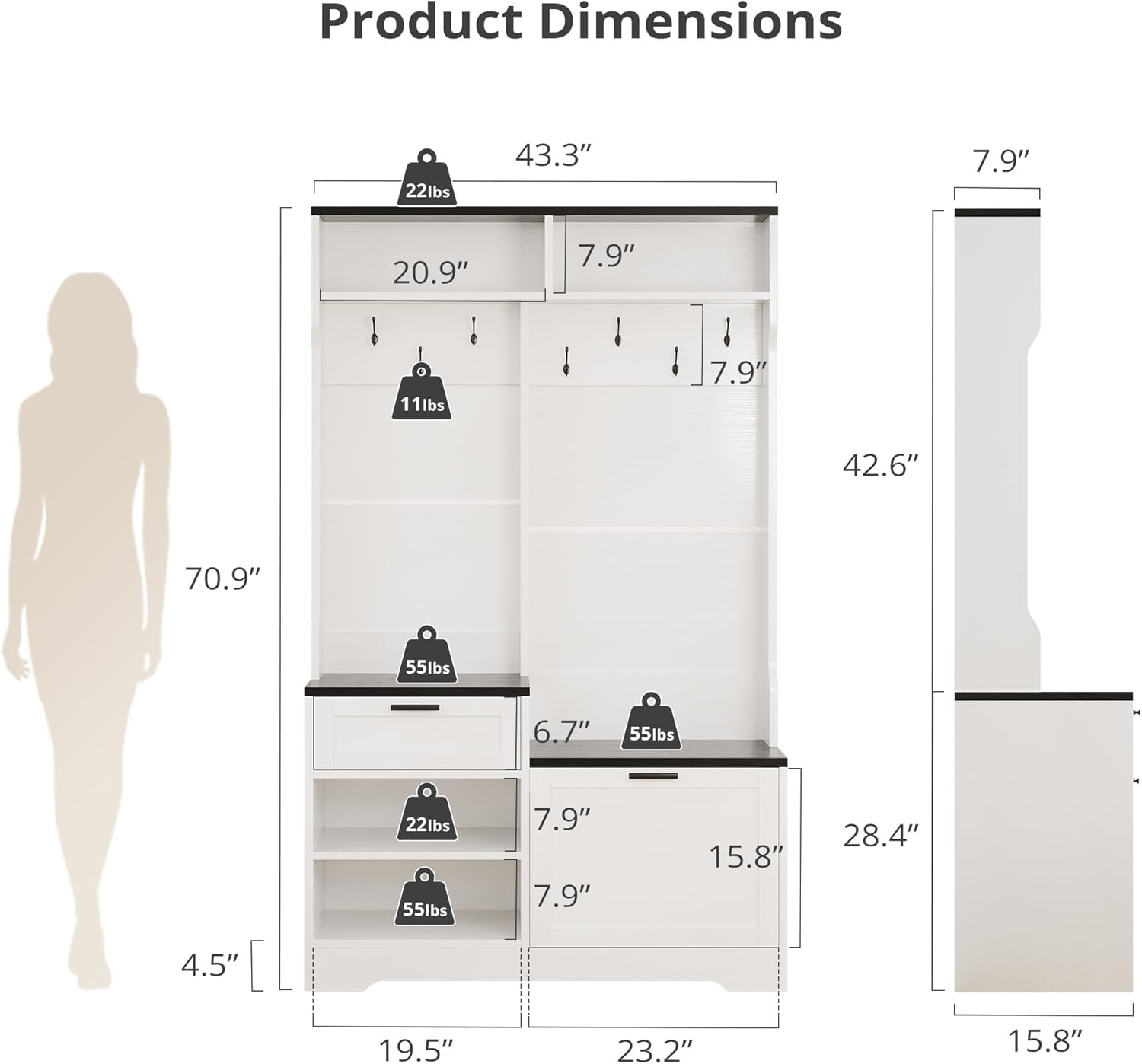 AesthLife Modern Hall Tree‌ - Bench & Shoe Storage Organizer (Black Wood Grain)