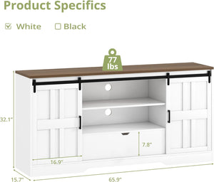 Vividwood 70" Farmhouse Entertainment Center‌ - TV Console with Barn Doors (Rustic White)
