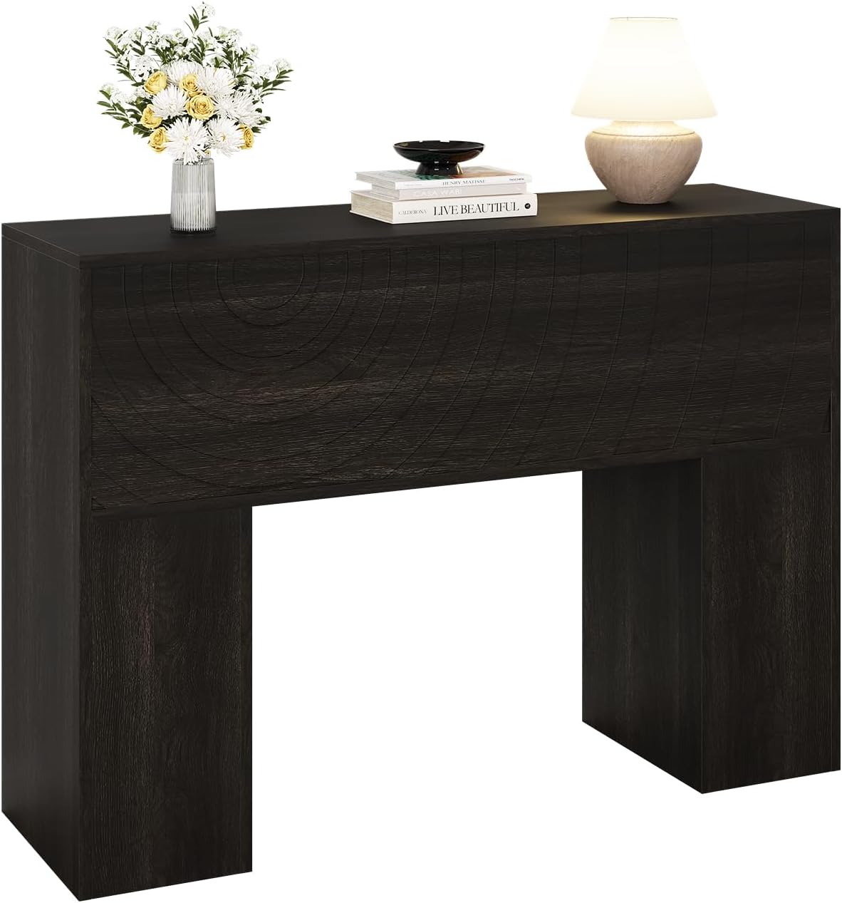 Vividwood 13.4" Farmhouse Console Table - Carved Water Ripple Design (Black)