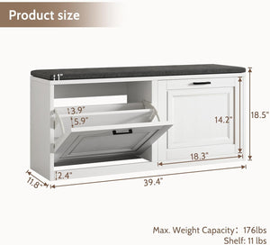 Vividwood 2-Tier Storage Bench - Padded Seat & Barn Doors (White)