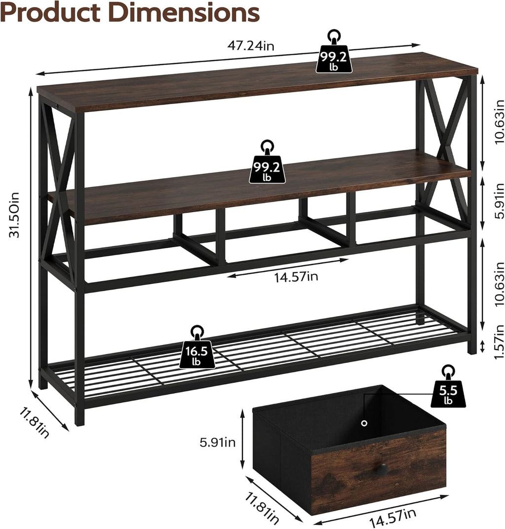 Vividwood 47" Farmhouse Console Table - 3-Drawer & Open Shelf Design (Rustic Brown)