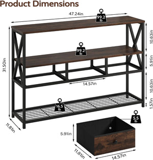 Vividwood 47" Farmhouse Console Table - 3-Drawer & Open Shelf Design (Rustic Brown)