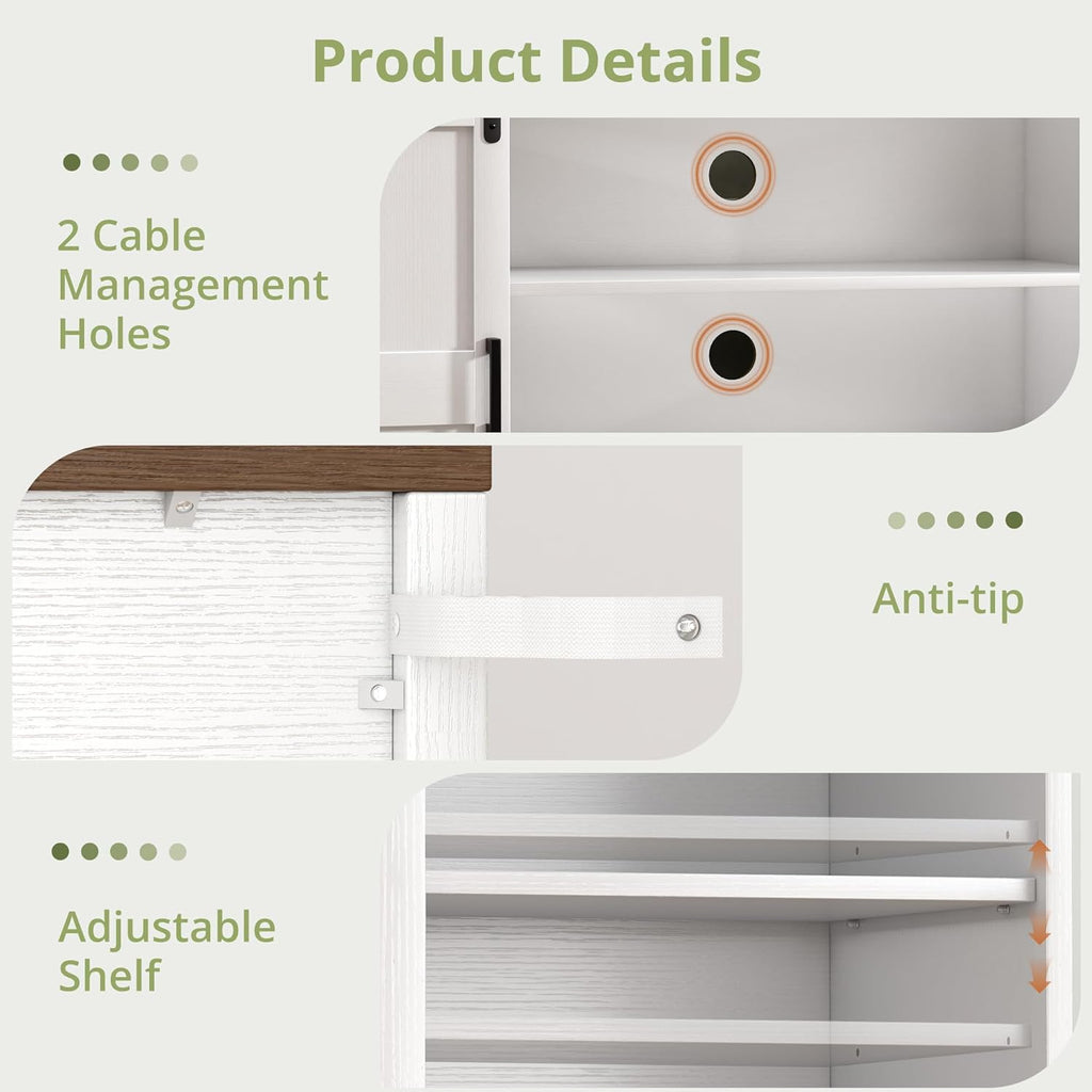 Vividwood 70" Farmhouse Entertainment Center‌ - TV Console with Barn Doors (Rustic White)