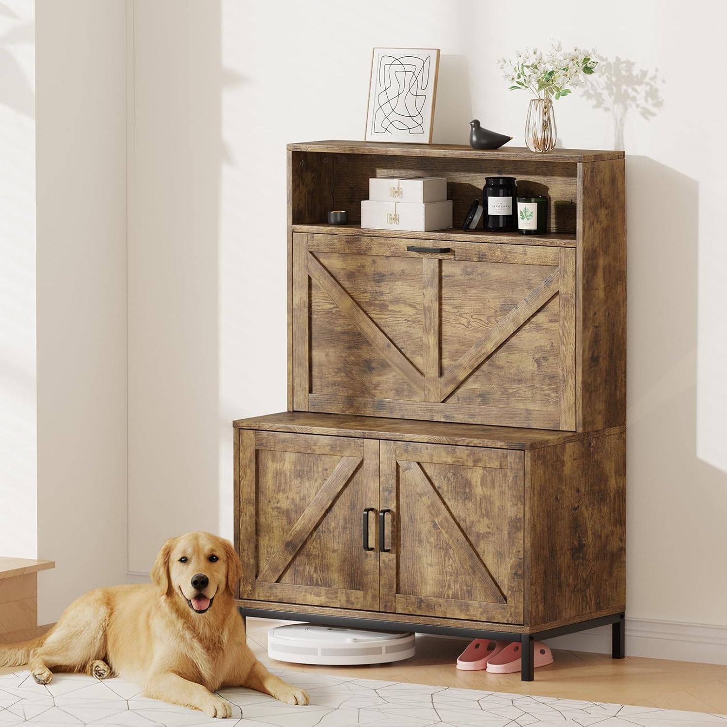 Vividwood Farmhouse Shoe Cabinet‌ - Flip Drawer & Doors Organizer (Brown)